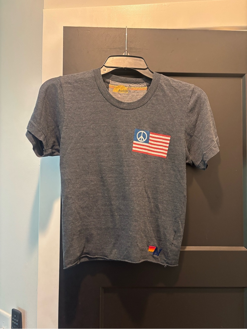 RARE Aviator Nation Peace Flag Warrior T-Shirt Top Unisex Grey XS Raw Hem Crop